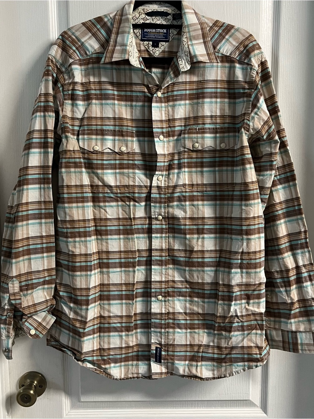 Rough Stock Slim Brown, Cream & Light Blue Plaid Button-Up Shirt
